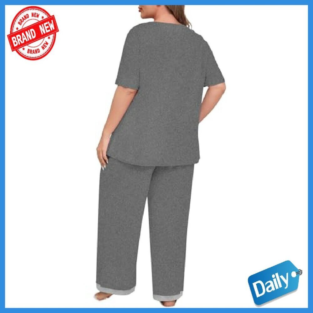Plus Size Knit Pajama Set with Pockets, Short Sleeve & Pants - Picture 5 of 8
